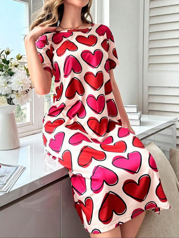 Women's Heart & Letter Print Round Neck Nightdress, Casual Soft Comfortable Short Sleeve Nightgown for Daily Home Wear, Ladies Sleepwear for All Seasons