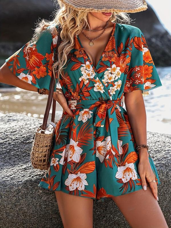 Women's Floral Print Tie Front Wrap Romper, Casual Butterfly Sleeve V Neck Romper for Beach Holiday Vacation, Ladies Clothes for All Seasons