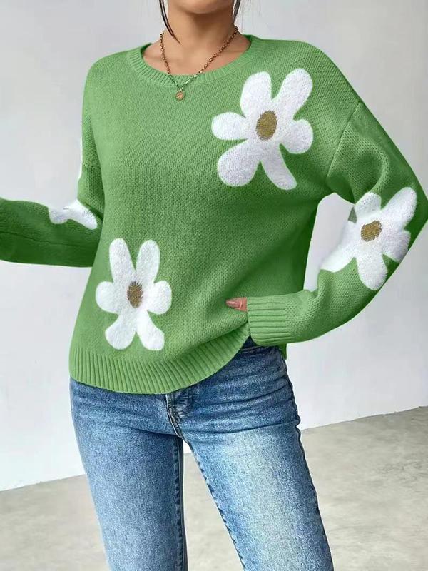 Women's Floral Print Drop Shoulder Long Sleeve Sweater, Casual Fashion Round Neck 90s Vintage Jumper for Spring & Fall, Birthday Outfits 2024, Women's Knitwear Y2k Clothing for Daily Wear