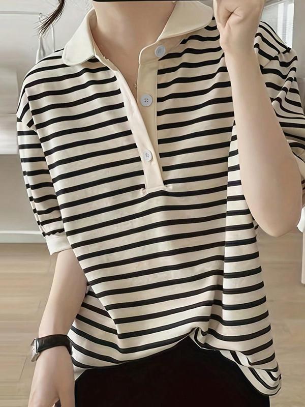 Women's Striped Print Button Front Polo Shirt, Casual Drop Shoulder Half Sleeve Top for Summer, Ladies Clothes for Daily Wear