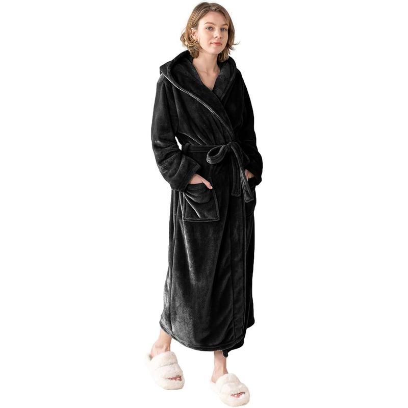 Women's Hooded Long Bathrobe, Silky Soft Lightweight Plush Fleece Robe Warm and Comfy to Wear