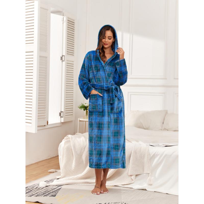 Cozy & Stylish Women's Hooded Bathrobe - Plaid, Long Sleeve with Belt, Perfect for Fall Winter Home Comfort