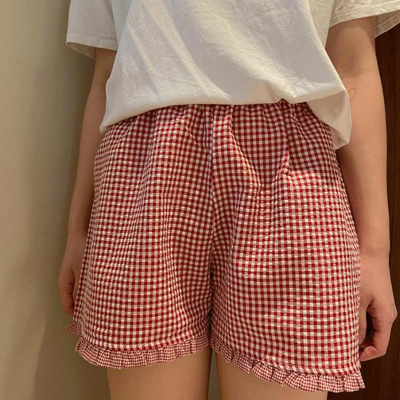 Plaid Shorts for Women Y2K Ruffle Hem High Waist Elastic Pajama Shorts Lounge Gingham Boxer Pj Bottom Going Out Shorts