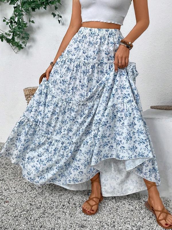 Women's Ditsy Floral Print Frill Trim Skirt, Elegant High Waist Maxi Skirt for Daily Holiday Vacation Wear, Ladies Bottoms for All Seasons