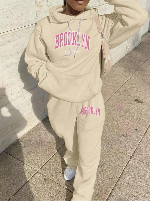 Two-piece Set Women's Letter Print Pocket Thermal Lined Hoodie & Drawstring Waist Sweatpants, Casual Fashion Cozy Breathable Two Piece Outfits for Daily Outdoor Wear, Women Clothes for Fall & Winter