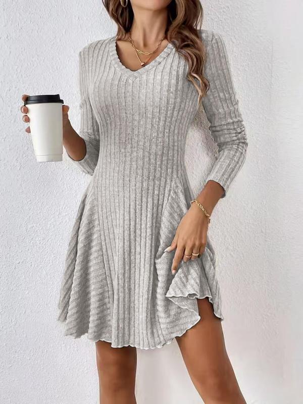 Fall Women's Plain Lettuce Trim V Neck A Line Dress, Casual Long Sleeve Short Dress for Fall & Winter, Modern Fashion Casual Dresses, Ladies Clothes for Daily Wear, Comfort Summer Womenswear