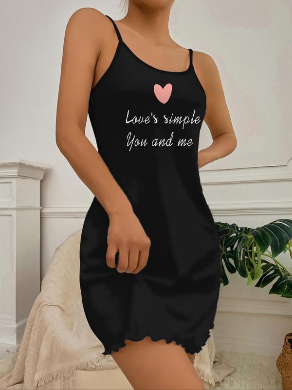 Women's Heart & Letter Print Lettuce Trim Cami Nightdress, Summer Clothes Women, Women's Nighties, Casual Soft Comfy Sleeveless Nightgown for Summer