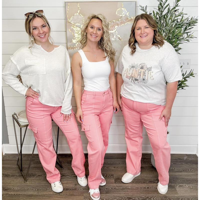 Judy Blue Tessa High Rise Cargo Straight Leg Pink Jeans