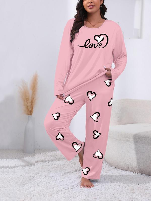  Heart Print Long Sleeve Tee & Elastic Waist Pants Pajama Set, Casual Comfy Round Neck Top & Trousers PJ Set, Women's Sleepwear for Fall & Winter