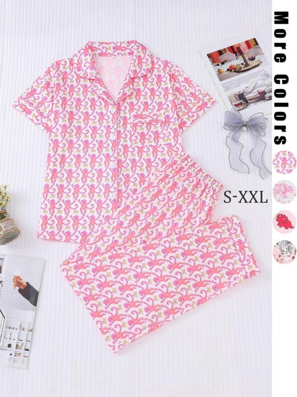 Women's All Over Cartoon Print Lapel Neck Button Front Pajama Two-piece Set, Casual Comfy Short Sleeve Pocket Shirt & Elastic Waist Pants Pj Set, Ladies Sleepwear for All Seasons