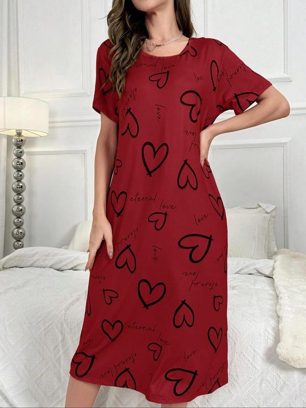 Women's Heart & Letter Print Round Neck Nightdress, Casual Soft Comfortable Short Sleeve Nightgown for Daily Home Wear, Ladies Sleepwear for All Seasons