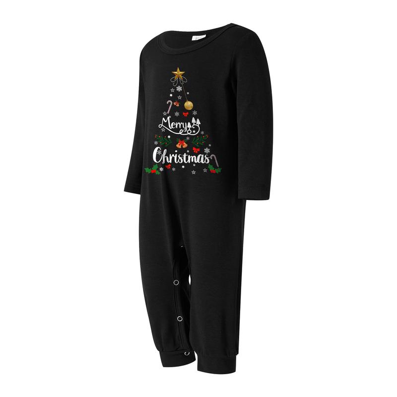 Black Matching Christmas Pajamas For Family, String Lights Christmas Tree Print Long-Sleeved Tops + Elastic Waist Plaid Trousers Romper