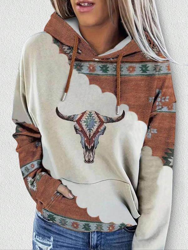 Women's Tribal Bull Head Print Drop Shoulder Hoodie, Boho Casual Drawstring Pocket Hooded Sweatshirt for Daily Holiday Outdoor Wear, Fall Outfits, Graphic Hoodie, Fashion Women's Clothes for Spring & Fall, Downtown Girl Clothes