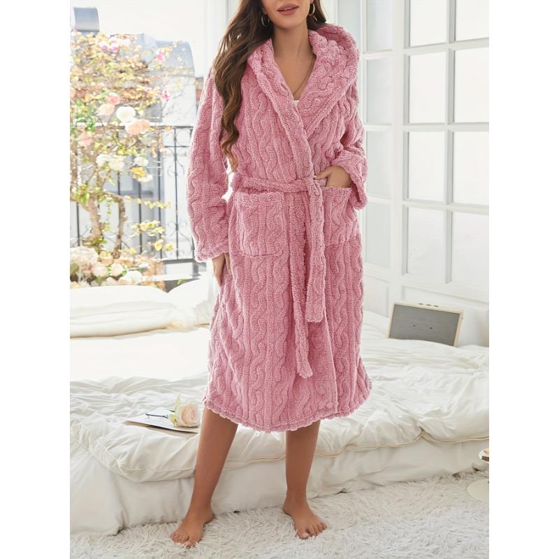 Cozy Fleece-Lined Hooded Bathrobe for Women - Long Sleeve, Dual-Sided Pockets, Tie-Waist Lounge Robe with Plush Comfort - Perfect for Fall Winter