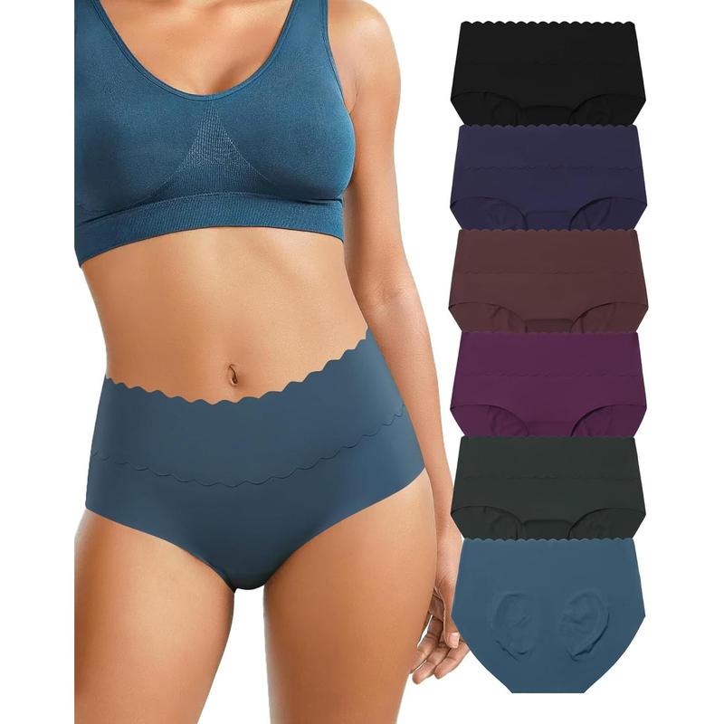 6 Pack Womens High Waisted Briefs Underwear No Show Seamless Full Coverage Ice Silk Soft Plus Size S-XXL