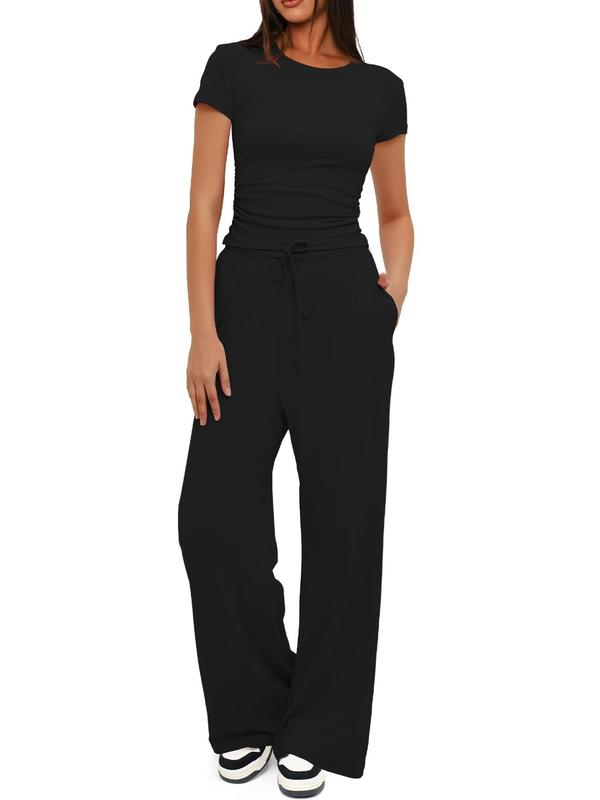 Women's Solid Color Tee & Wide Leg Pants Loungewear Two-Piece Set, Casual Comfy Round Neck Short Sleeve T-Shirt & Trousers PJ Set, Ladies Sleepwear for All Seasons