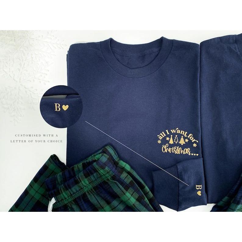 Matching couples pyjamas Christmas long sleeve tartan check gingham blue green initials his her pyjamas boyfriend girlfriend 1st Christmas Christmas Gifts.