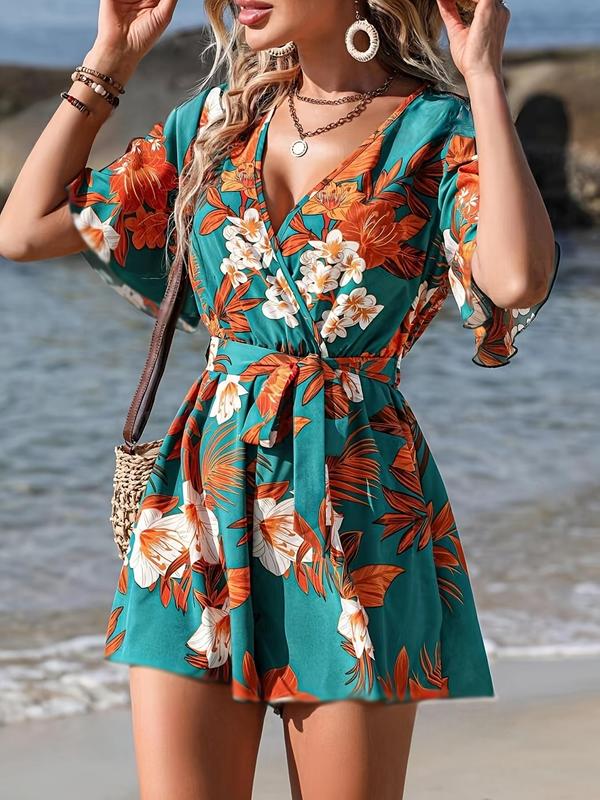 Women's Floral Print Tie Front Wrap Romper, Casual Butterfly Sleeve V Neck Romper for Beach Holiday Vacation, Ladies Clothes for All Seasons