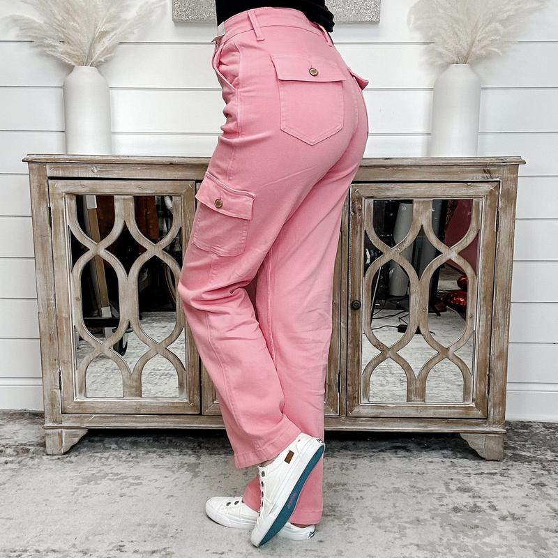 Judy Blue Tessa High Rise Cargo Straight Leg Pink Jeans