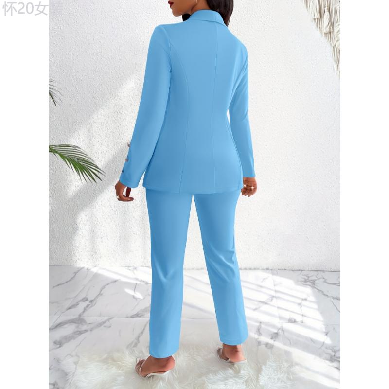 Elegant Women's Polyester Blend Pantsuit Set -  Lapel Blazer with Button Details and Solid Color Trousers (2-Piece Outfit, Knit Fabric, 95% Polyester, 5% Elastane) - For Women - Suitable for Work, Parties, and Formal Occasions - Womenswear Bottom  Bottom