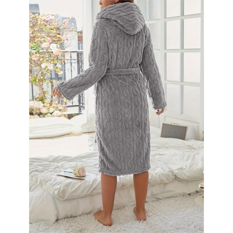 Cozy Fleece-Lined Hooded Bathrobe for Women - Long Sleeve, Dual-Sided Pockets, Tie-Waist Lounge Robe with Plush Comfort - Perfect for Fall Winter