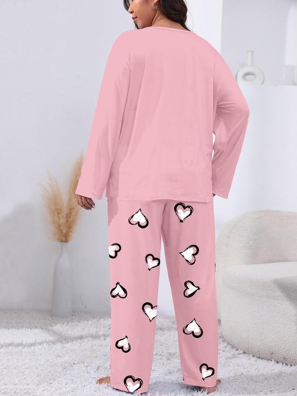  Heart Print Long Sleeve Tee & Elastic Waist Pants Pajama Set, Casual Comfy Round Neck Top & Trousers PJ Set, Women's Sleepwear for Fall & Winter