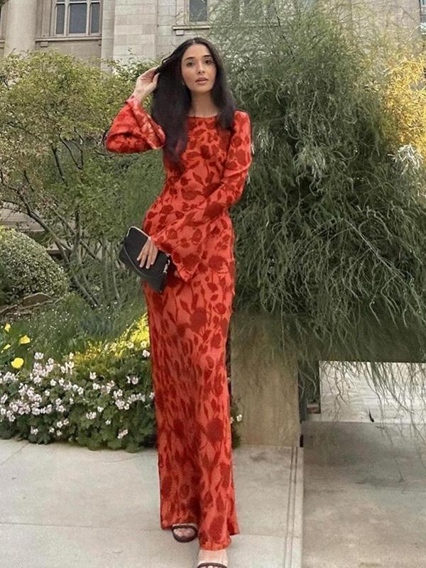 Women's Floral Print Flounce Sleeve Long Dress, Elegant Round Neck Long Sleeve Dress for Party Holiday Wedding Guest, Ladies Clothes for All Seasons