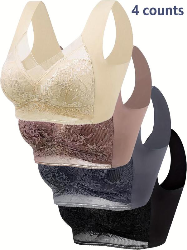 Women's Solid Floral Lace Contrast Mesh Sheer Backless Bra, Casual Comfy Breathable Wireless Lingerie for Daily Wear, Women's Lingerie for All Seasons