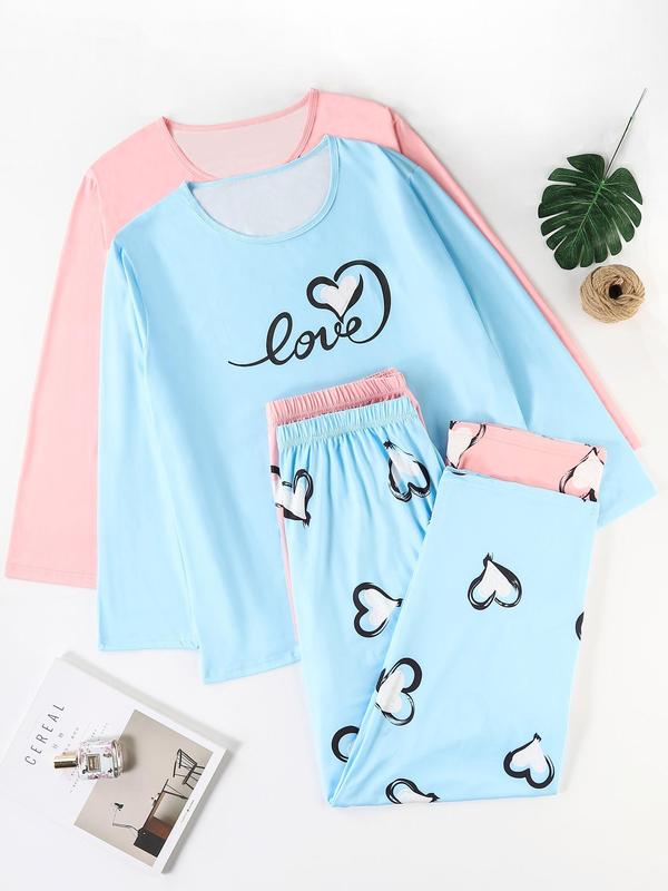  Heart Print Long Sleeve Tee & Elastic Waist Pants Pajama Set, Casual Comfy Round Neck Top & Trousers PJ Set, Women's Sleepwear for Fall & Winter