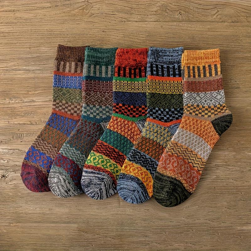 5 pairs of unisex Geo Pattern socks, ethnic retro autumn  winter towel tube socks, ladies stockings and socks Womenswear Underwear Breathable Elastic