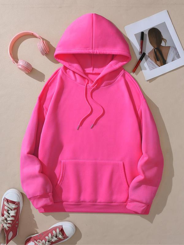 Women's Plain Drawstring Pocket Hoodie, Casual Drop Shoulder Long Sleeve Hooded Sweatshirt, Ladies Fall & Winter Clothes for Daily Wear