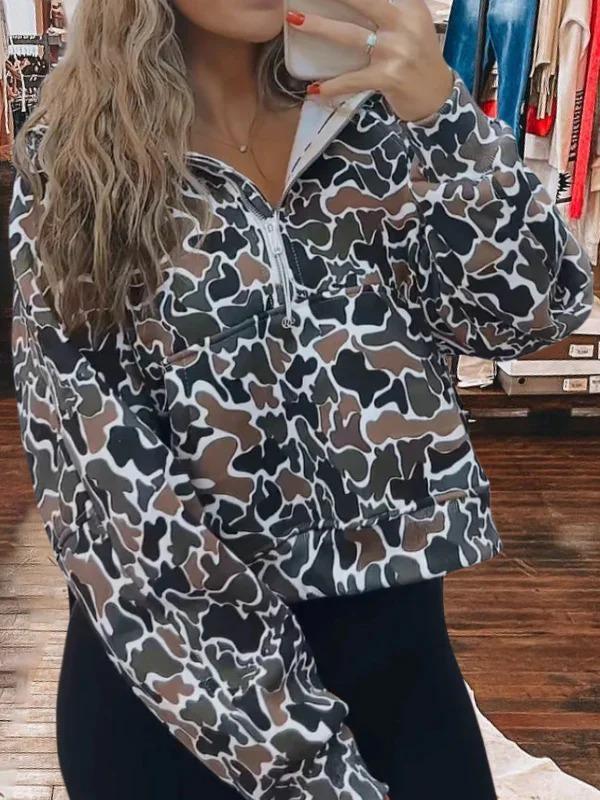 Stay Cozy in Style with our Half Zip-Up Print Sweatshirt camo - Shop Now!