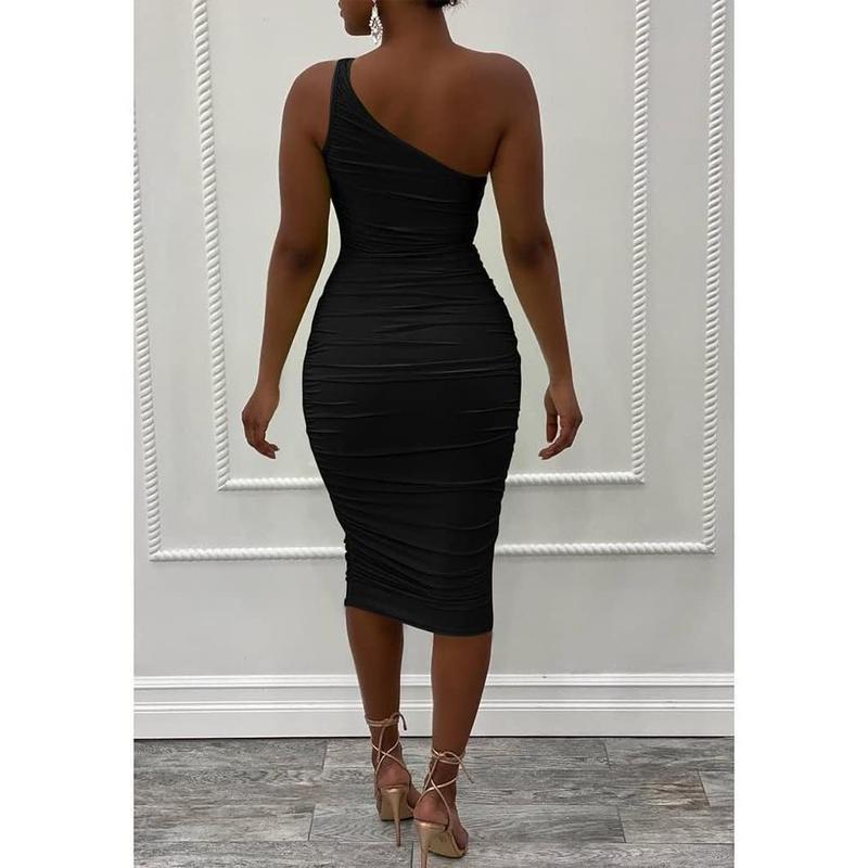 Women's Sexy One Shoulder Ruched Sleeveless Bodycon Party Cocktail Dress