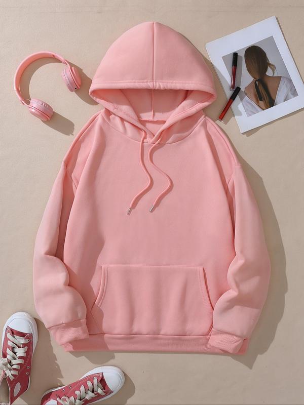 Women's Plain Drawstring Pocket Hoodie, Casual Drop Shoulder Long Sleeve Hooded Sweatshirt, Ladies Fall & Winter Clothes for Daily Wear