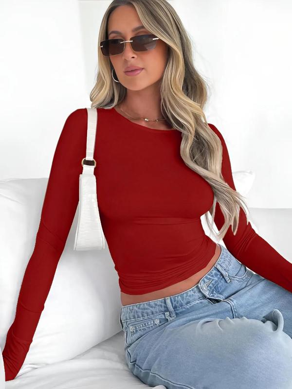 Women's Plain Round Neck Long Sleeve Crop Tee, Casual Solid Crew Neck T-shirt for Spring & Fall, Women's Top for Daily Wear,  90s Clothes