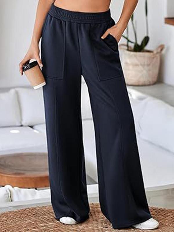 Women's Solid Pocket Elastic Waist Straight Leg Pants, Casual Comfy Trousers for Fall & Winter, Women's Bottoms for Daily Wear