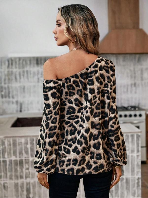 Women's Leopard Print One Shoulder Long Sleeve Blouse, Elegant Fashion Casual Bishop Sleeve Top for Daily Outdoor Wear, Fall Clothing Women, Women Clothes for Spring Fall