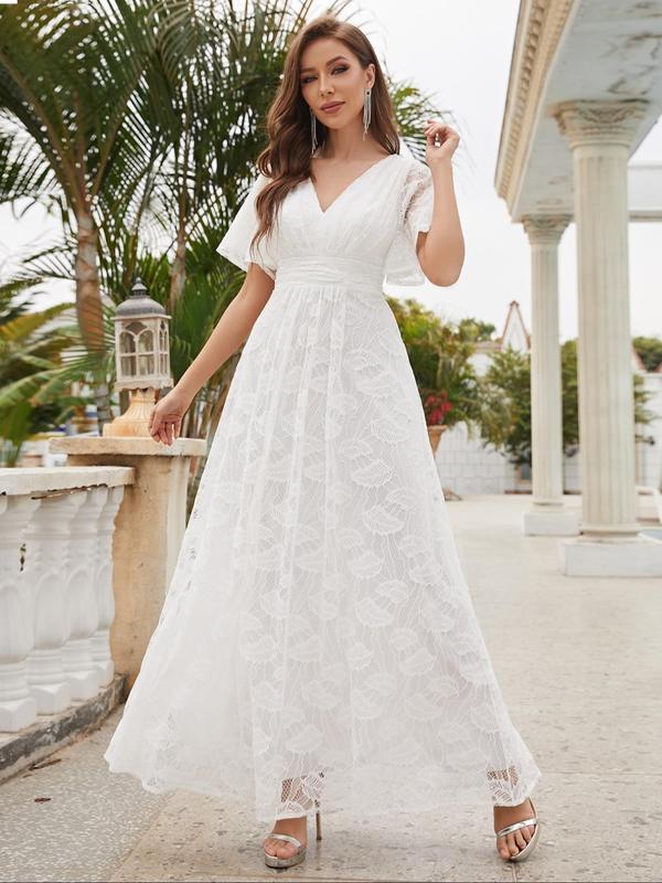 Women's Solid Leaf Pattern Butterfly Sleeve V Neck A Line Dress, Summer Clothes, Short Sleeve Lace Wedding Dress Vneck Clothes, Minimalist Womenswear