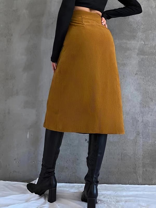 Women's Solid Split Thigh Zipper Corduroy Skirt, Casual Fashion Pocket A Line Skirt for Daily Outdoor Wear, Women's Bottoms for Spring & Fall