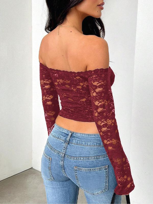 Women's Solid Color Off Shoulder Sheer Lace Top, Casual Long Sleeve Raglan Sleeve Top for Fall & Winter, Women's Clothing for Daily Wear