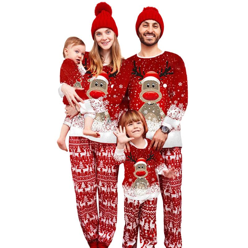 Family Christmas pajamas long-sleeved deer snowflake print pullover T-shirt with free pants Womenswear Clothing