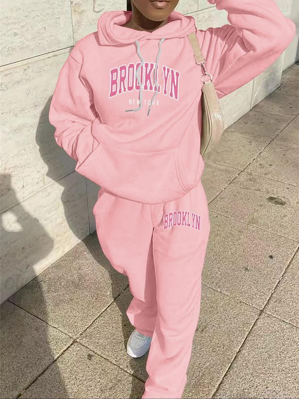 Two-piece Set Women's Letter Print Pocket Thermal Lined Hoodie & Drawstring Waist Sweatpants, Casual Fashion Cozy Breathable Two Piece Outfits for Daily Outdoor Wear, Women Clothes for Fall & Winter