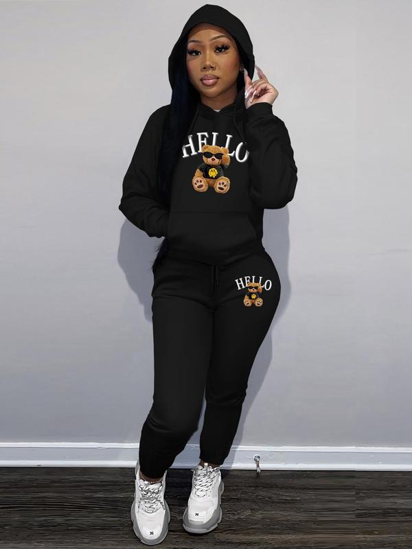 Women's Cartoon Bear Hoodie & Drawstring Waist Sweatpants Set, Casual Long Sleeve Hooded Sweatshirt & Pocket Jogger Pants, Lady Fall & Winter Clothes