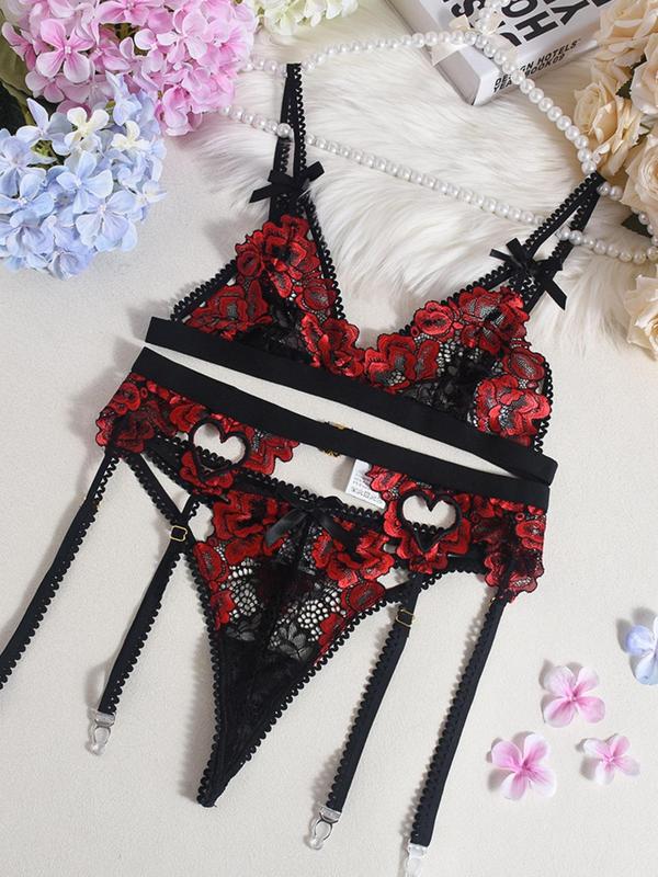 Women's Floral Embroidery Sheer Tulle Sexy Lingerie Three-piece Set, Adjustable Strap Bow Front Bra & Thong & Garter Belt Set, Lingerie Set for Women