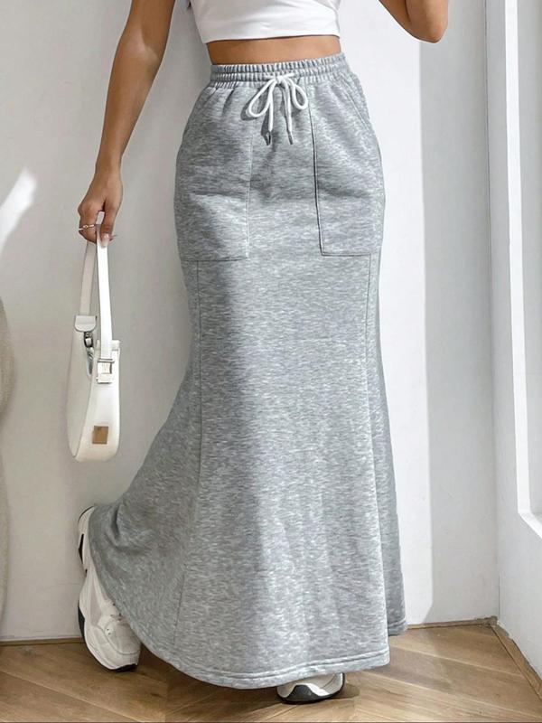 Women's Plain Drawstring Waist Mermaid Skirt, Casual Pocket Long Skirt for Fall & Winter, Women's Bottoms for Daily Wear