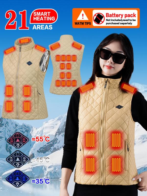 Women's Solid Color Argyle Quilted Heated Vest, 3-level Temperature Adjustment Heating Vest, Ladies Sportswear for Fall & Winter