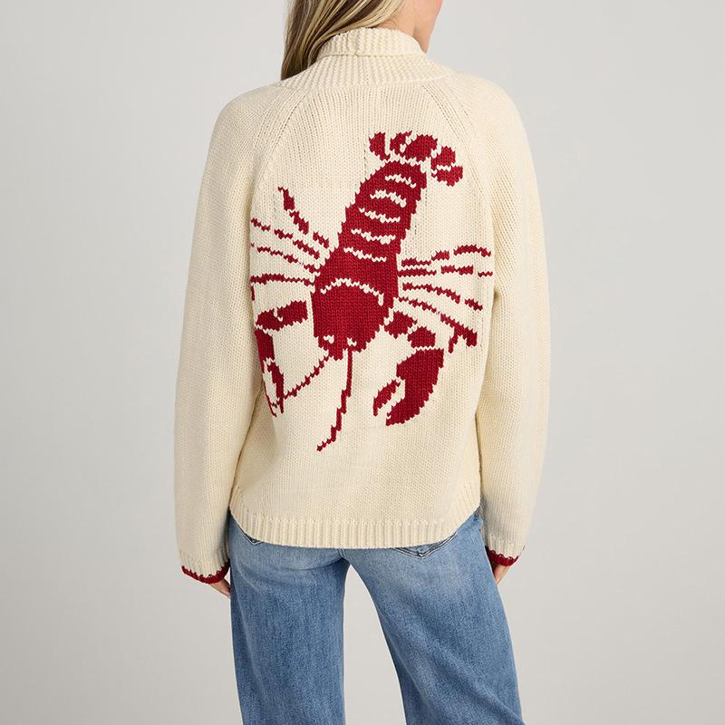 European and American 2024 Winter Sweater Women's Leisure Commute Single-Breasted Cardigan Long Sleeve Shrimp Shrimp Printed Knitted Cardigan