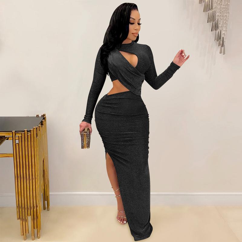 Echoine Sexy Glitter Ruched Cutout Bodycon Midi Dress Long Sleeve Plain Slim Solid Color Basic Fitted Elegant Party Dresses Formal Guest Gown Wedding