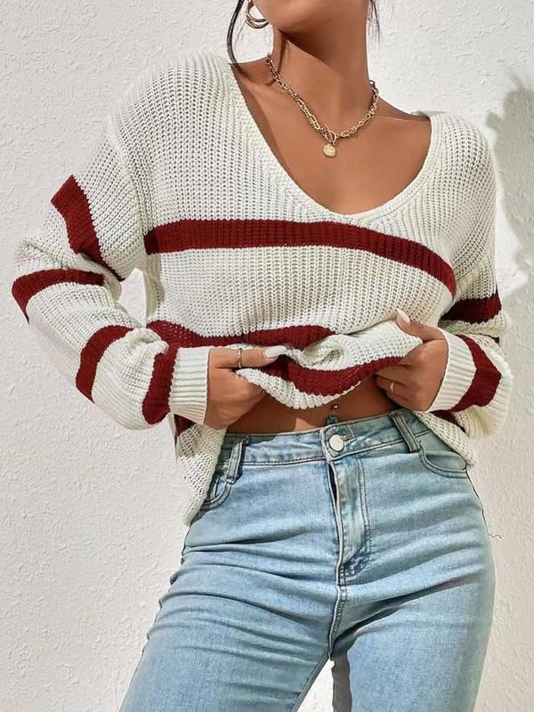 Women's Striped Print Drop Shoulder Sweater, Sweater for Women, Casual Long Sleeve V Neck Jumper for Fall & Winter, Cozy Fall Outfits for Women