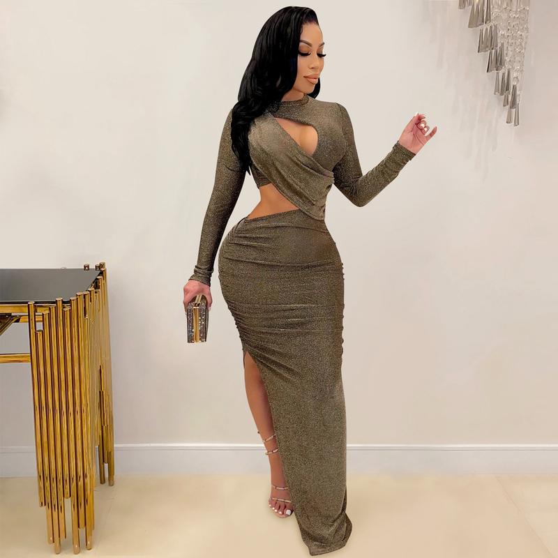 Echoine Sexy Glitter Ruched Cutout Bodycon Midi Dress Long Sleeve Plain Slim Solid Color Basic Fitted Elegant Party Dresses Formal Guest Gown Wedding